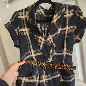 Nanette Lepore Blouse Shirt Womens 4 Black Plaid Open Knit Belted Short Sleeve